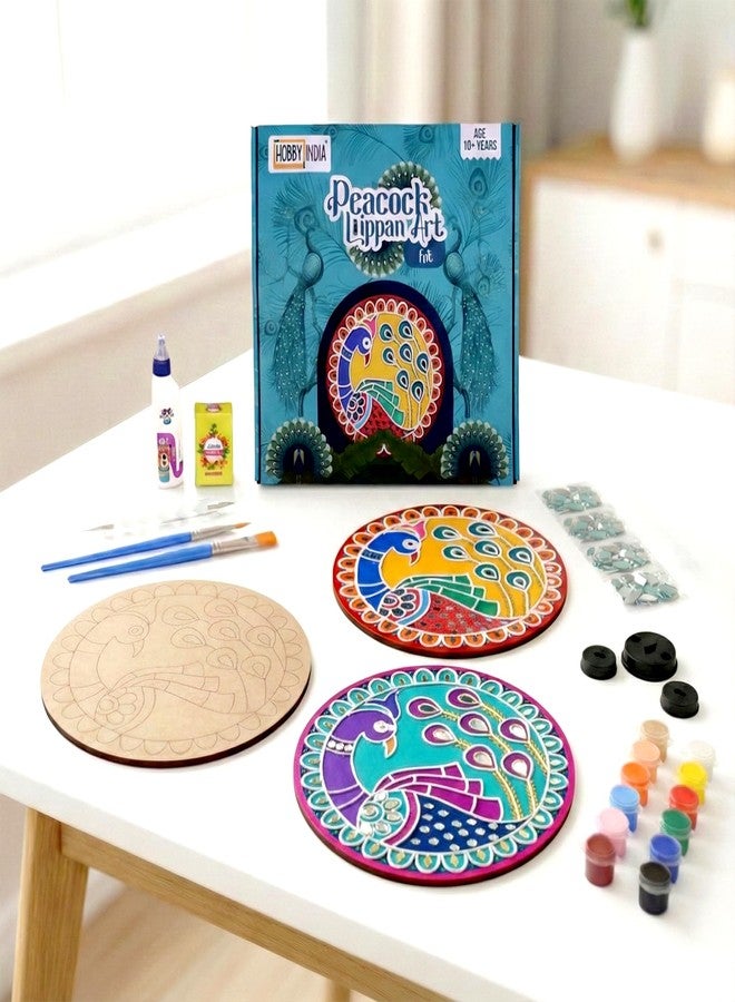 HOBBY INDIA Lippan Art and Craft Materials Kit for Adults and Beginners I Premarked MDF Board Mandala Art Painting DIY Kit for Room Wall Hanging Office and Home Decoration (Peacock) - Image 1